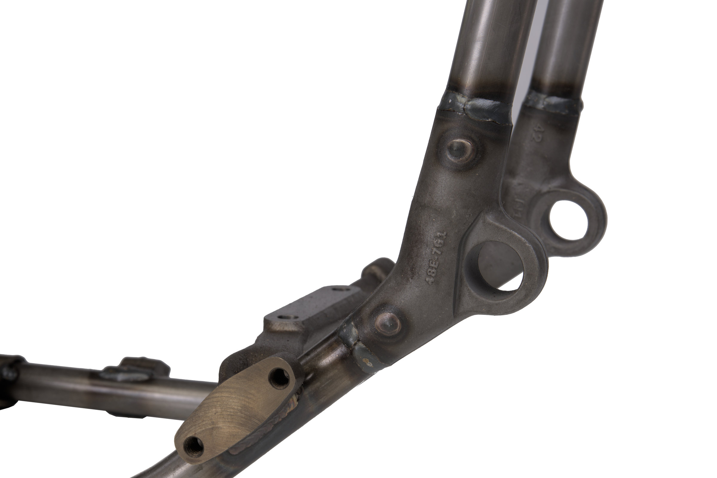 1952–1953 FL Panhead Wishbone Rigid Frame detail of footboard and sidecar mounts